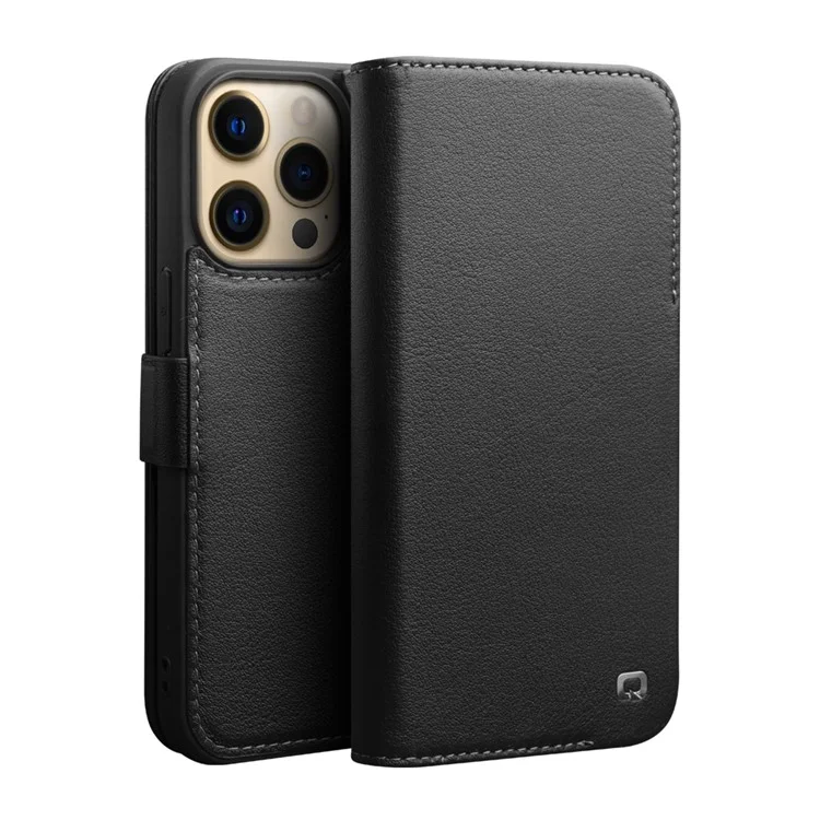 QIALINO Para iPhone 14 Pro Capa de Carteira de Couro Genuíno Estilo de Negócios à Prova de Quedas com Fecho Magnético - Preto