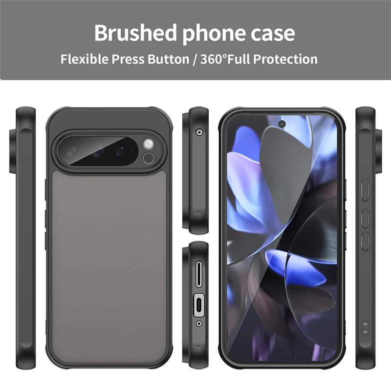 For Google Pixel 9 Pro Case Drop Proof Airbags Frosted Translucent PC + TPU Phone Back Cover - Black