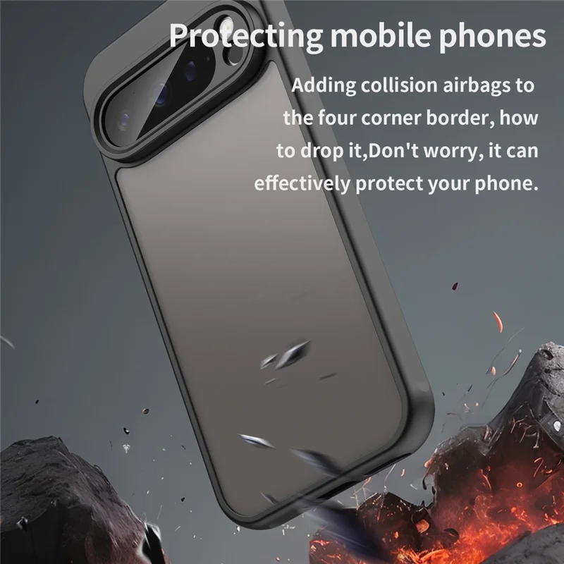 For Google Pixel 9 Pro Case Drop Proof Airbags Frosted Translucent PC + TPU Phone Back Cover - Black