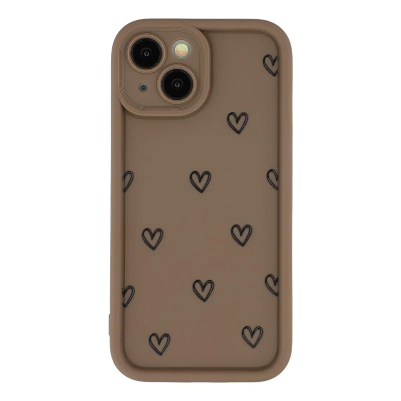 For iPhone 15 Plus Phone Case Heart Pattern TPU Shockproof Protective Cover - Brown