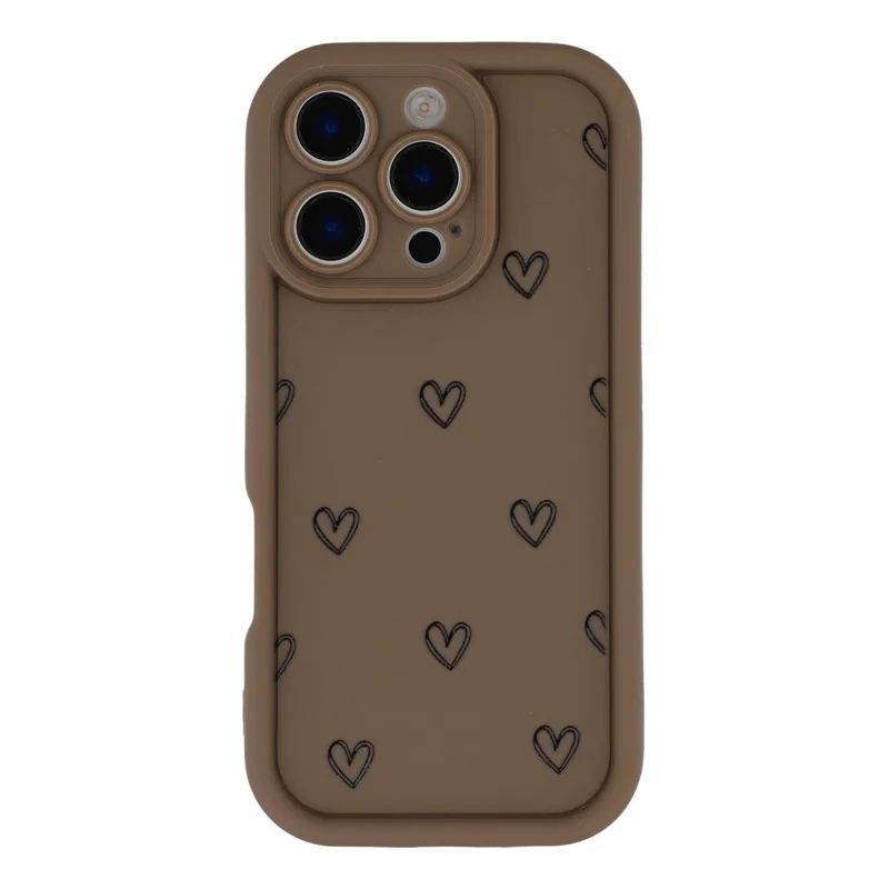 For iPhone 16 Pro Max Phone Case Heart Pattern TPU Shockproof Protective Cover - Brown