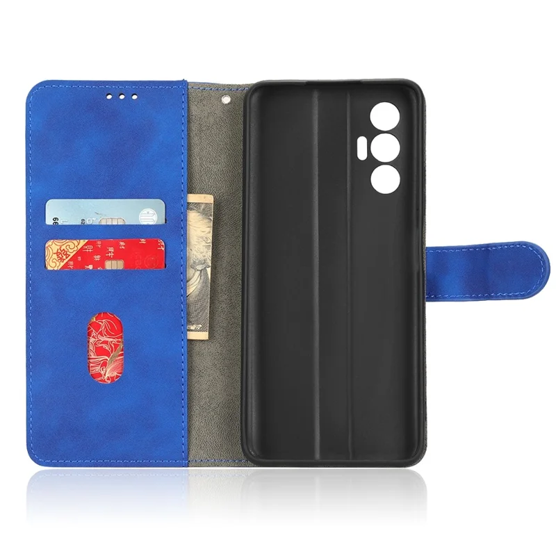 Phone Cover for TECNO Pova 3 4G, Fully Wrapped Skin-Touch Feeling PU Leather Wallet Case with Stand Feature - Blue
