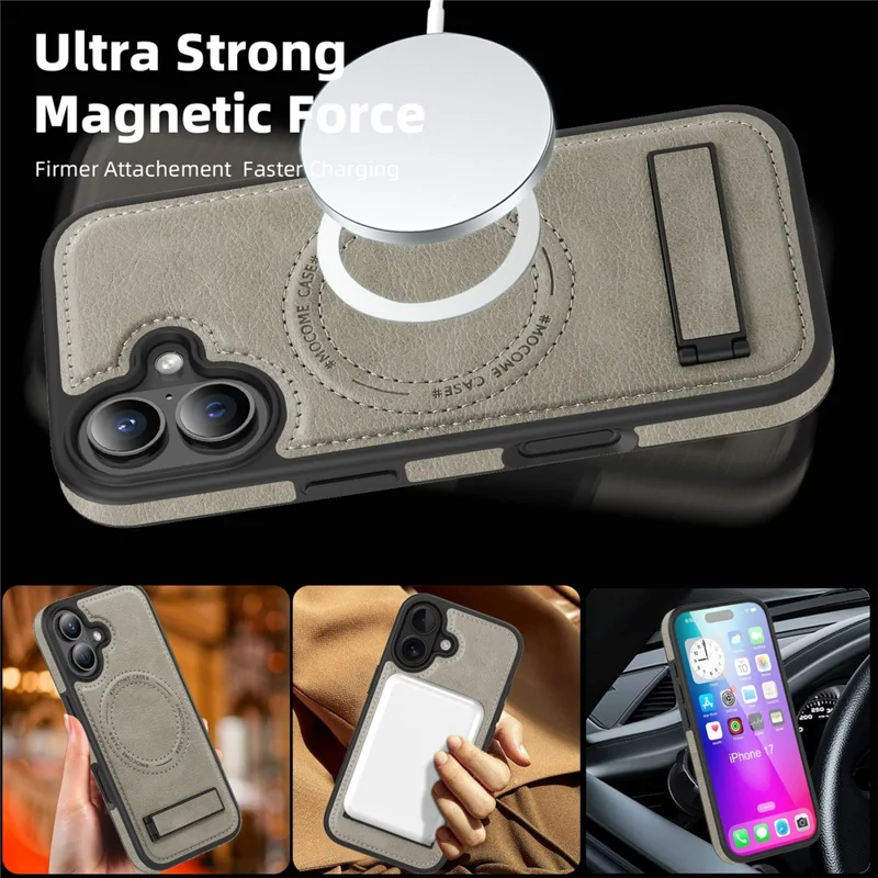 For iPhone 17 Case Compatible with MagSafe Kickstand Leather Phone Back Cover - Titanium Grey