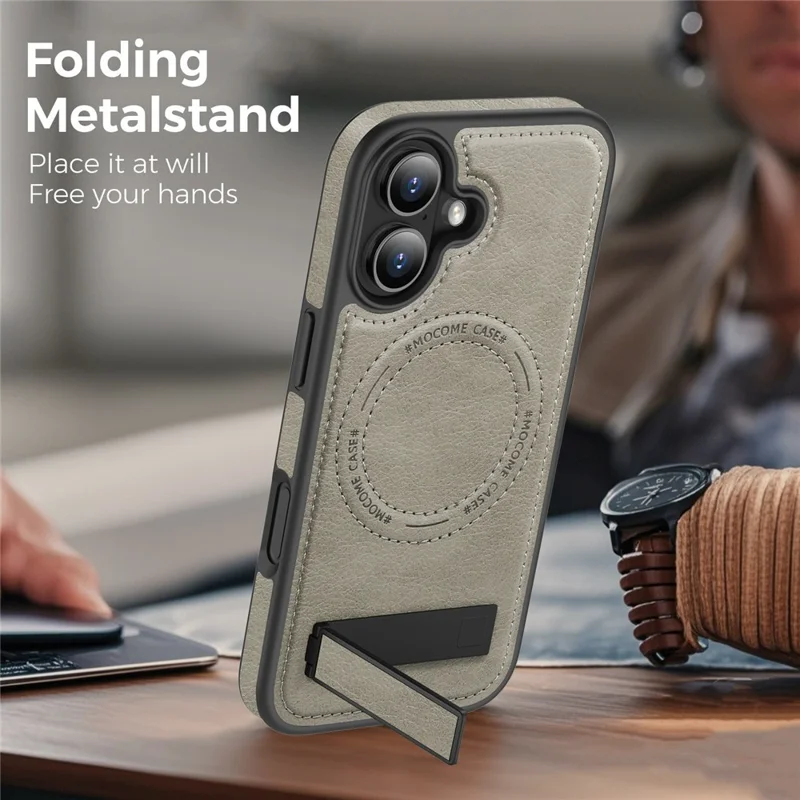 For iPhone 17 Case Compatible with MagSafe Kickstand Leather Phone Back Cover - Titanium Grey
