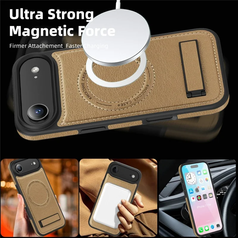 For iPhone Air Case Compatible with MagSafe Kickstand Leather Phone Back Cover - Desert Gold