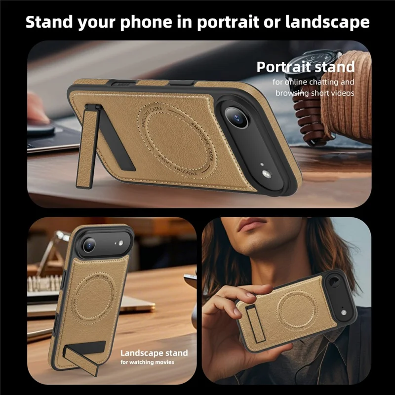 For iPhone Air Case Compatible with MagSafe Kickstand Leather Phone Back Cover - Desert Gold