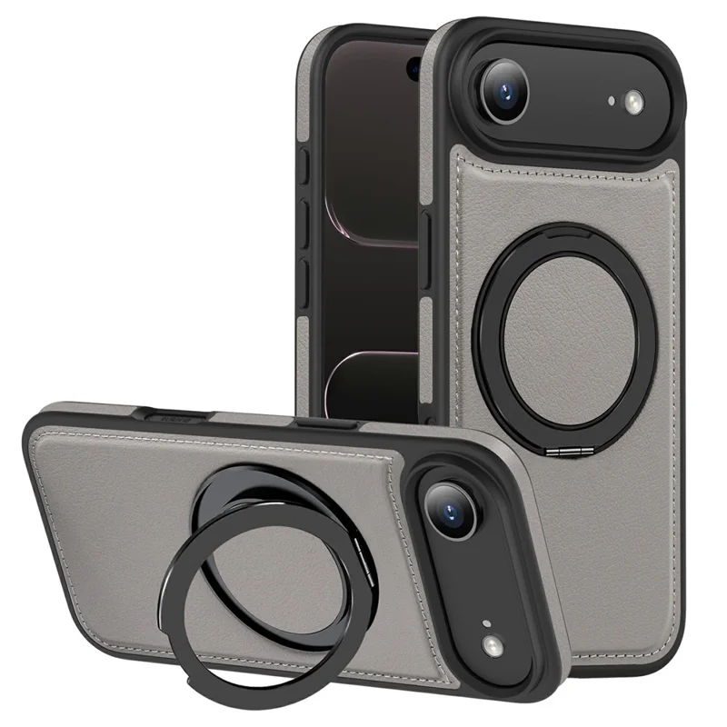 For iPhone Air Case with Ring Kickstand Compatible with MagSafe PU Leather Back Cover - Titanium Grey