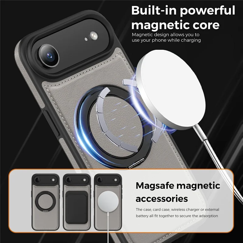 For iPhone Air Case with Ring Kickstand Compatible with MagSafe PU Leather Back Cover - Titanium Grey