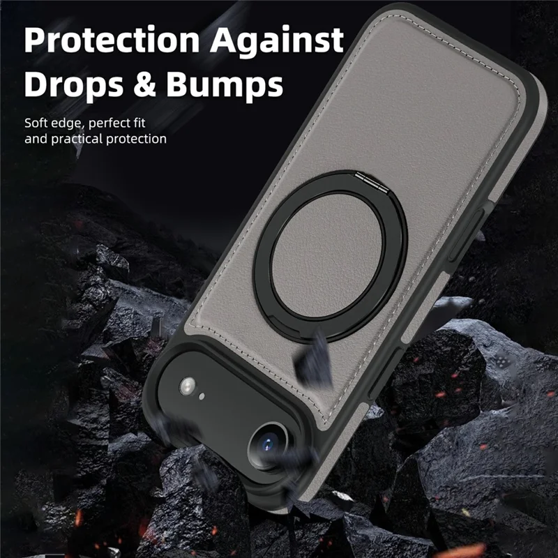 For iPhone Air Case with Ring Kickstand Compatible with MagSafe PU Leather Back Cover - Titanium Grey