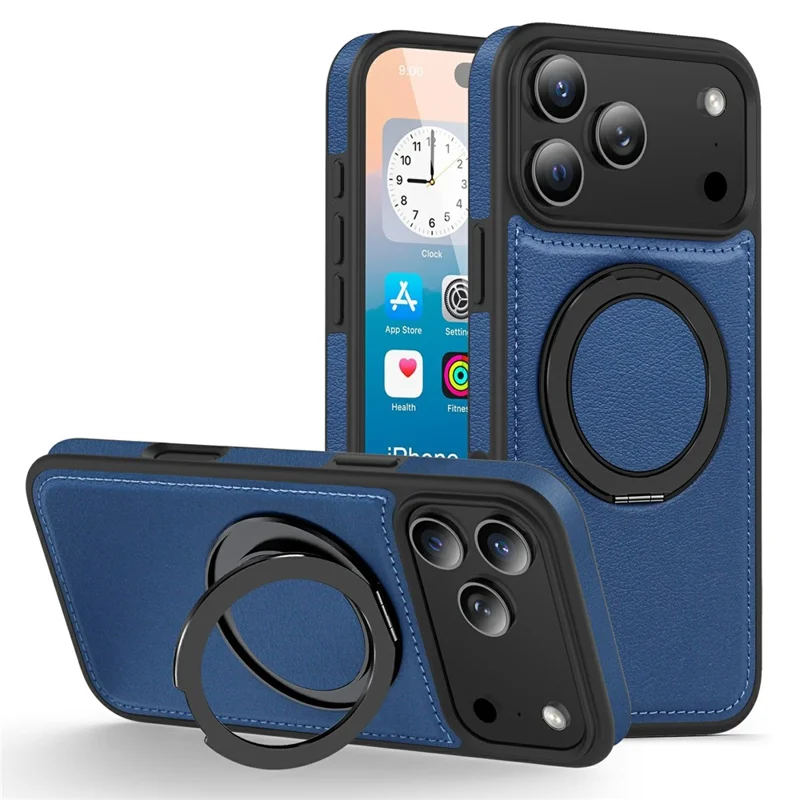 For  iPhone 17 Pro Max Case with Ring Kickstand Compatible with MagSafe PU Leather Back Cover - Sapphire