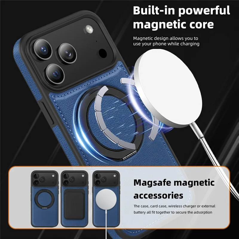 For  iPhone 17 Pro Max Case with Ring Kickstand Compatible with MagSafe PU Leather Back Cover - Sapphire