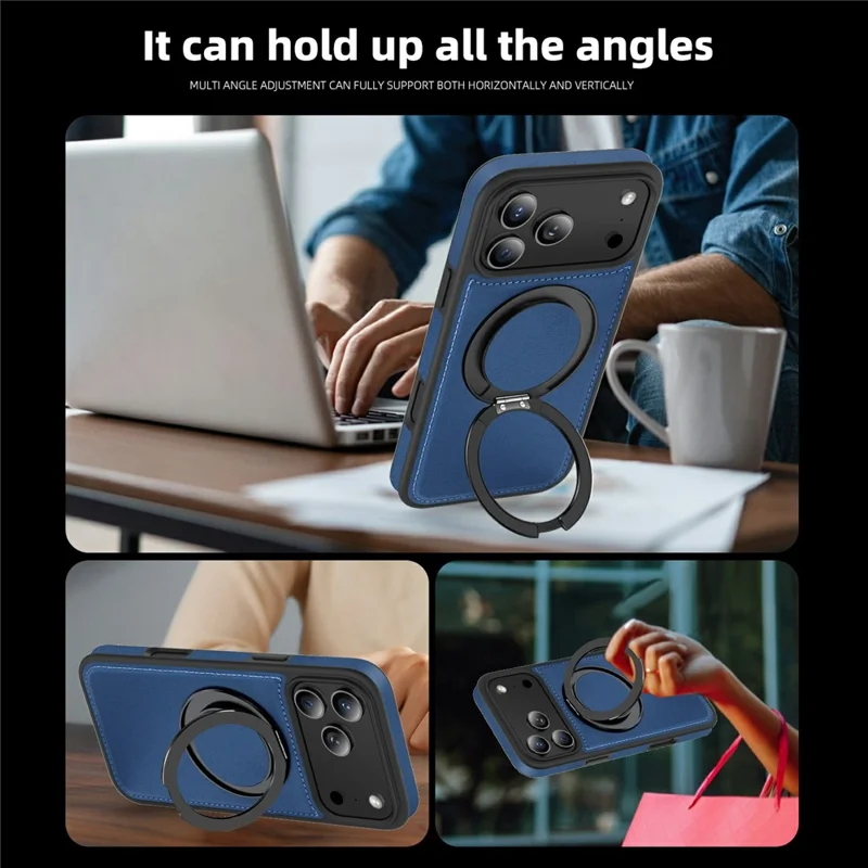 For  iPhone 17 Pro Max Case with Ring Kickstand Compatible with MagSafe PU Leather Back Cover - Sapphire