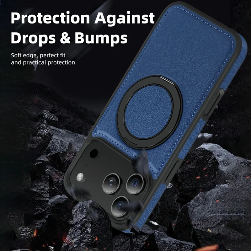 For  iPhone 17 Pro Max Case with Ring Kickstand Compatible with MagSafe PU Leather Back Cover - Sapphire