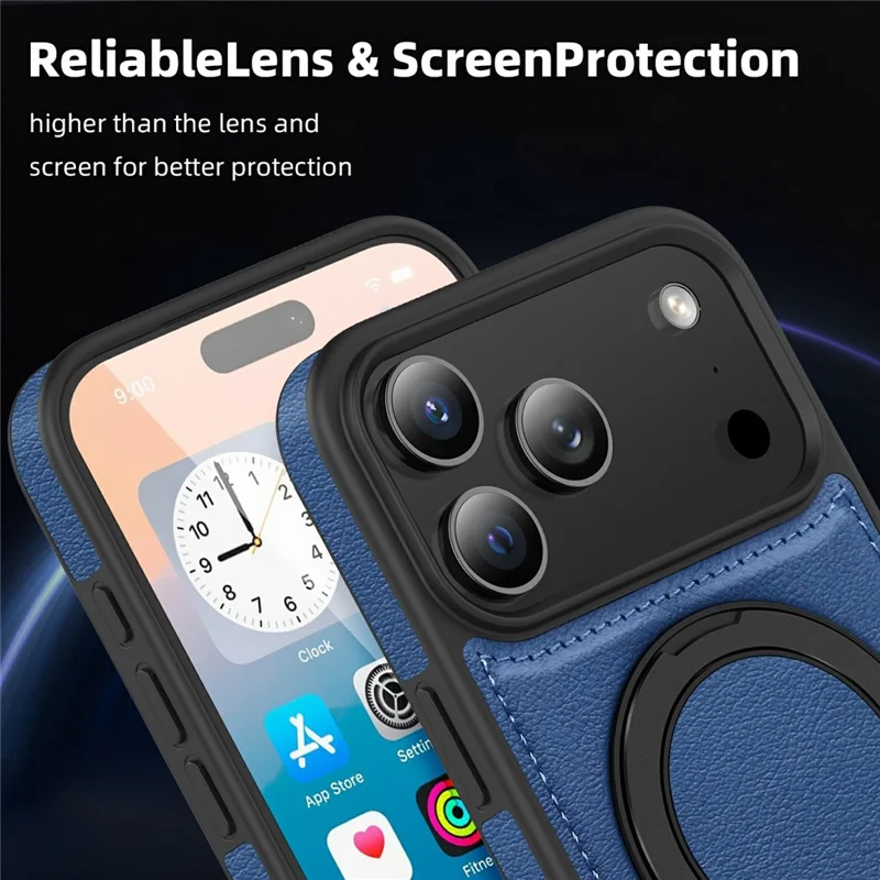 For  iPhone 17 Pro Max Case with Ring Kickstand Compatible with MagSafe PU Leather Back Cover - Sapphire