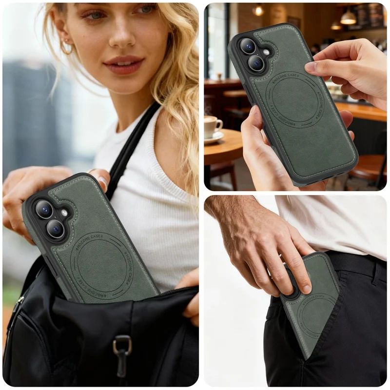 For iPhone 17 Case Compatible with MagSafe Leather Back Phone Cover - Blackish Green