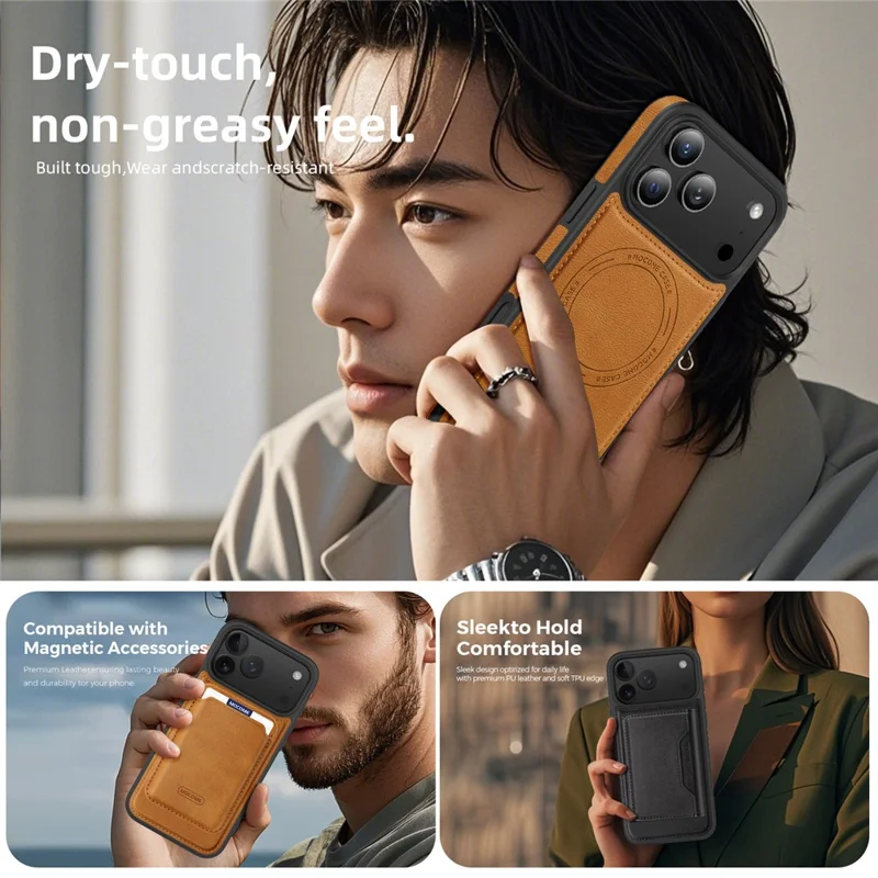 For iPhone 17 Pro Case Compatible with MagSafe Leather Back Phone Cover with Detachable Card Bag - Brown