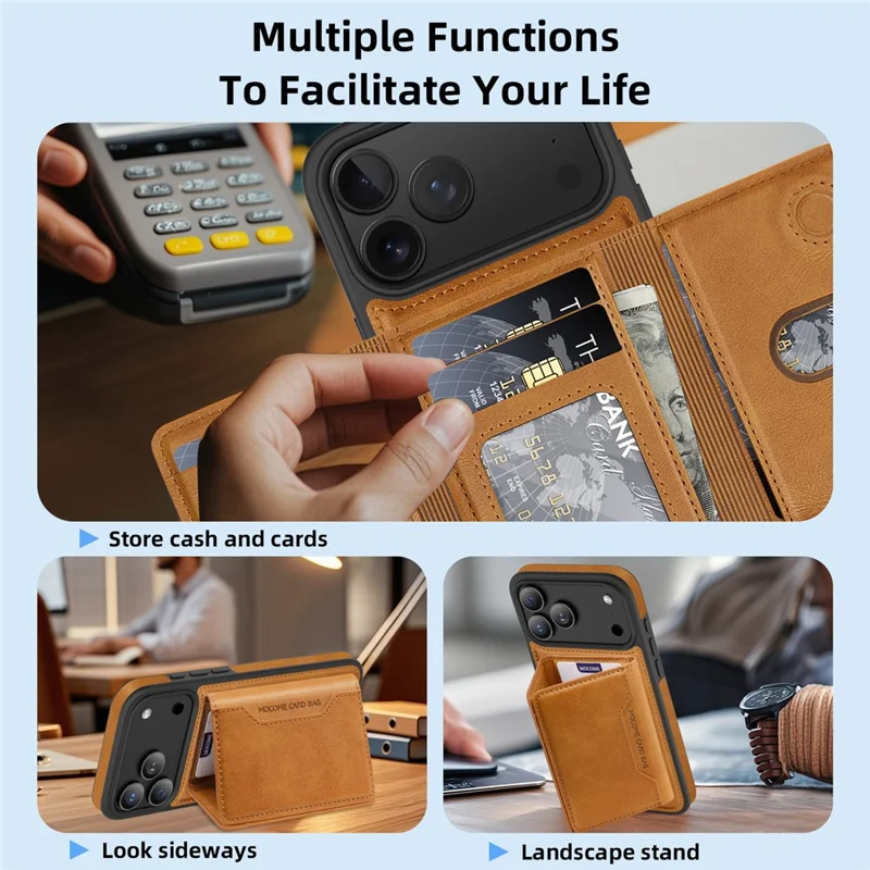 For iPhone 17 Pro Case Compatible with MagSafe Leather Back Phone Cover with Detachable Card Bag - Brown