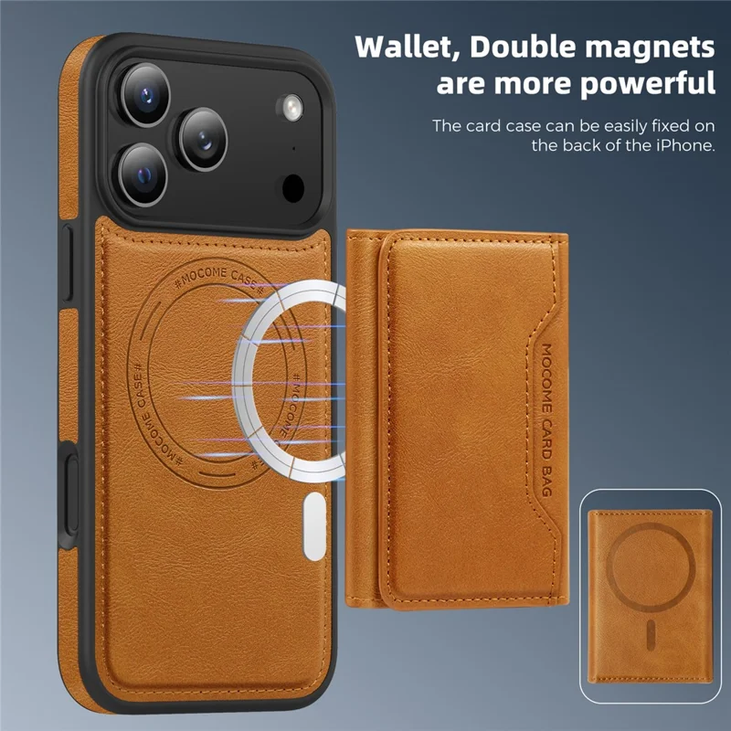 For iPhone 17 Pro Case Compatible with MagSafe Leather Back Phone Cover with Detachable Card Bag - Brown