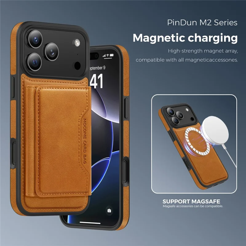 For iPhone 17 Pro Max Case Compatible with MagSafe Leather Back Phone Cover with Detachable Card Bag - Black