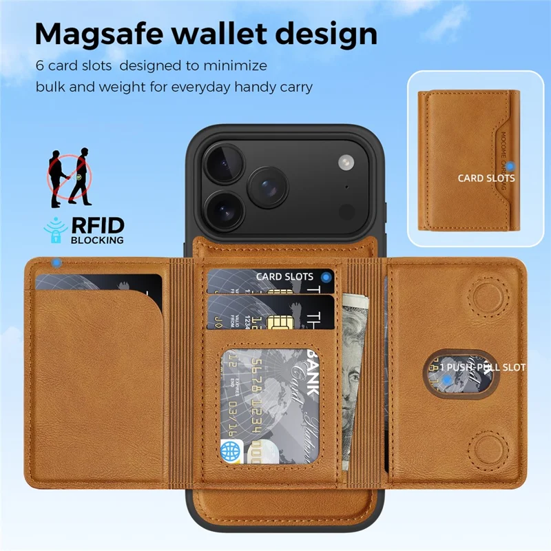 For iPhone 17 Pro Max Case Compatible with MagSafe Leather Back Phone Cover with Detachable Card Bag - Black