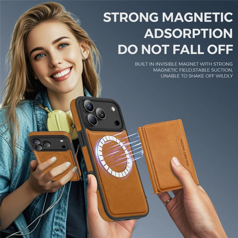 For iPhone 17 Pro Max Case Compatible with MagSafe Leather Back Phone Cover with Detachable Card Bag - Black