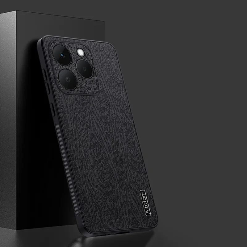 For Realme 15T 5G Case Wood Texture PU Leather Coated PC TPU Phone Cover - Black