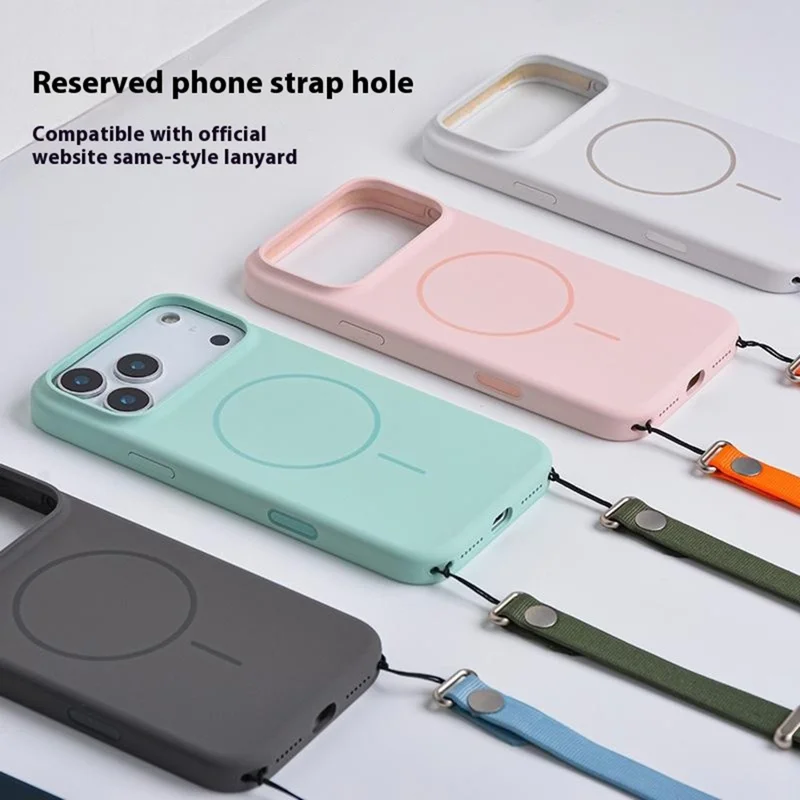 Funda de silicona líquida compatible con iPhone 17 Pro con soporte MagSafe, funda de teléfono con orificio para cordón y botón de IA - Negro