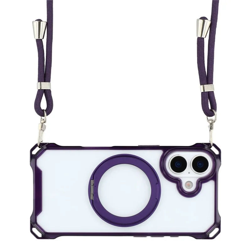 For iPhone 17 Magnetic Case Ring Kickstand TPU + PC Phone Cover with Lanyard - Purple