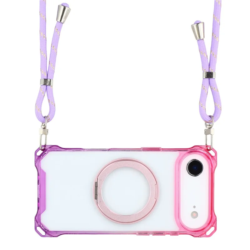 For iPhone Air Magnetic Case Ring Kickstand TPU + PC Phone Cover with Lanyard - Gradient Pink / Purple