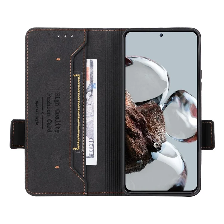 For Xiaomi 12T 5G / Redmi K50 Ultra 5G Wallet Flip Phone Cover Hardware Decor PU Leather Magnetic Closure Stand Case - Black