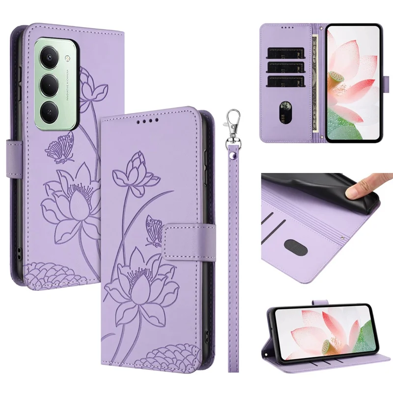 For Xiaomi Redmi 15 5G (EU) (171mm)  /  15 4G (EU) (171mm) Case Wallet Stand Lotus Imprint Leather Phone Cover with Wrist Strap - Purple
