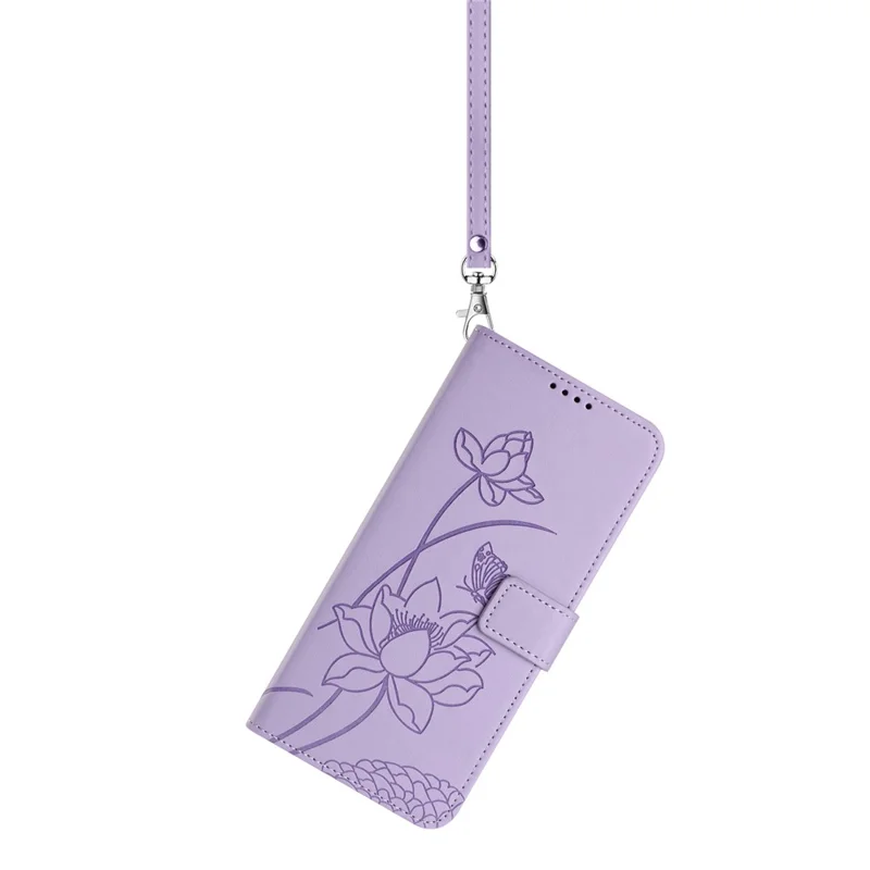 For Xiaomi Redmi 15 5G (EU) (171mm)  /  15 4G (EU) (171mm) Case Wallet Stand Lotus Imprint Leather Phone Cover with Wrist Strap - Purple