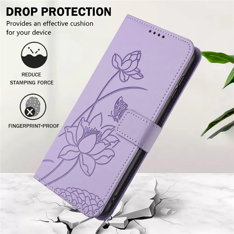 For Xiaomi Redmi 15 5G (EU) (171mm)  /  15 4G (EU) (171mm) Case Wallet Stand Lotus Imprint Leather Phone Cover with Wrist Strap - Purple