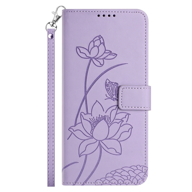 For Xiaomi Redmi 15 5G (EU) (171mm)  /  15 4G (EU) (171mm) Case Wallet Stand Lotus Imprint Leather Phone Cover with Wrist Strap - Purple