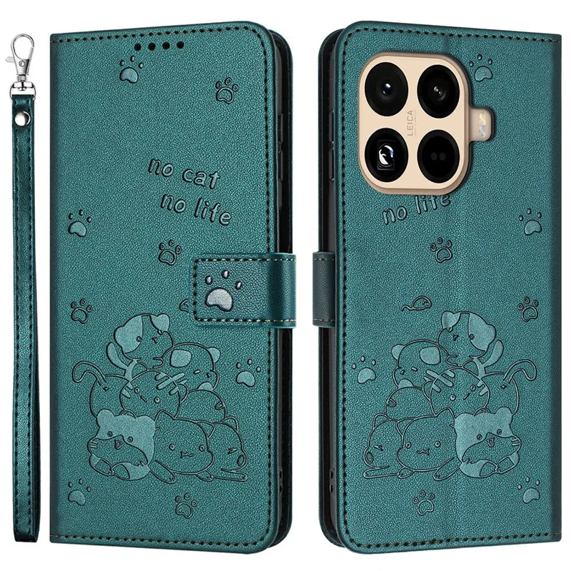 For Xiaomi 15T Wallet Case Cats Imprint Leather Phone Cover with Strap - Blackish Green