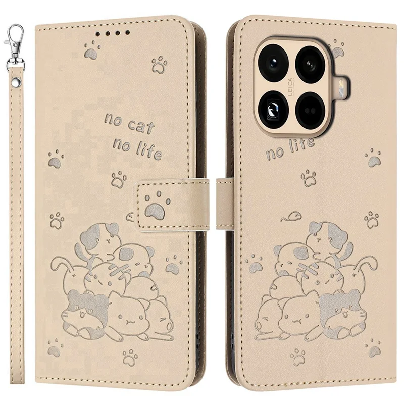 Xiaomi 15T Pro Wallet Case Katzen Prägung Leder Handyhülle mit Trageriemen - Beige