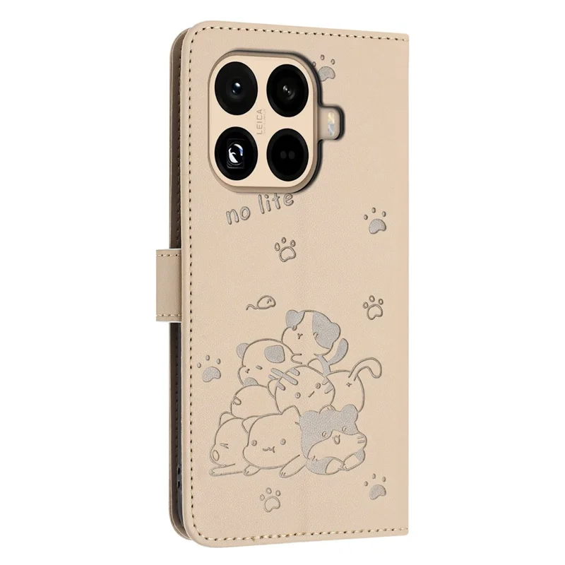 Xiaomi 15T Pro Wallet Case Katzen Prägung Leder Handyhülle mit Trageriemen - Beige