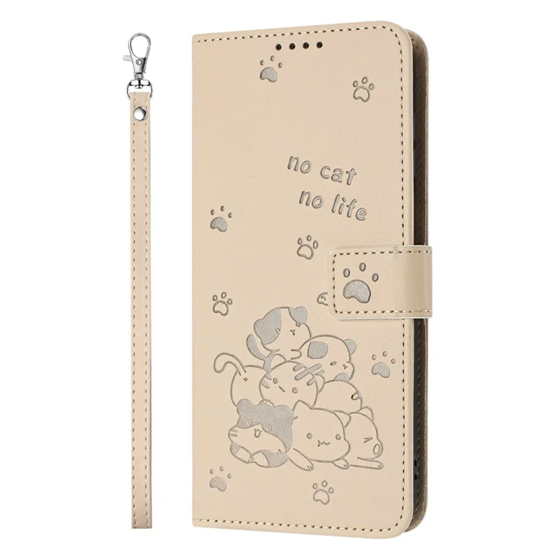 Xiaomi 15T Pro Wallet Case Katzen Prägung Leder Handyhülle mit Trageriemen - Beige