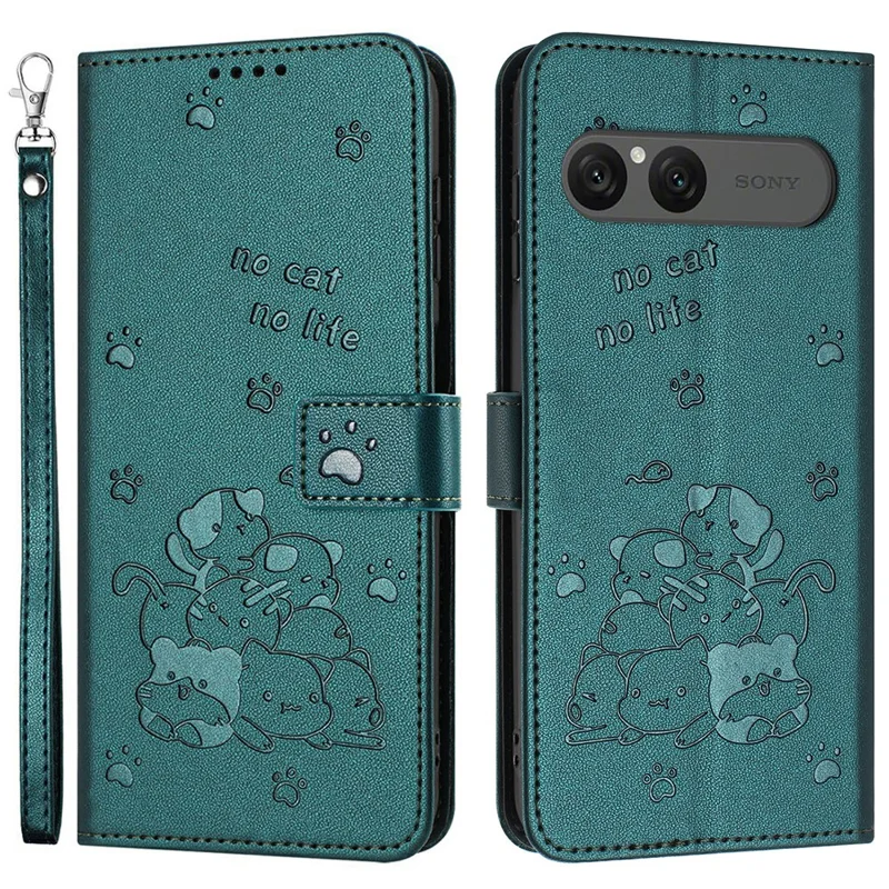 For Sony Xperia 10 VII Wallet Case Cats Imprint Leather Phone Cover with Strap - Dark Green