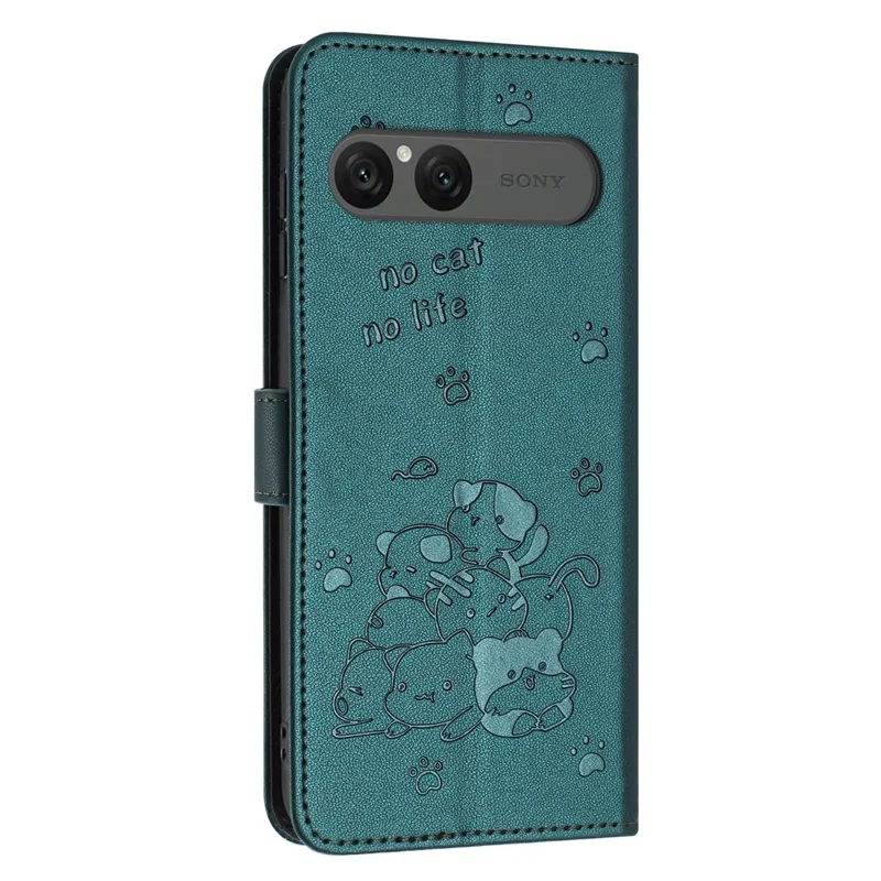 For Sony Xperia 10 VII Wallet Case Cats Imprint Leather Phone Cover with Strap - Dark Green