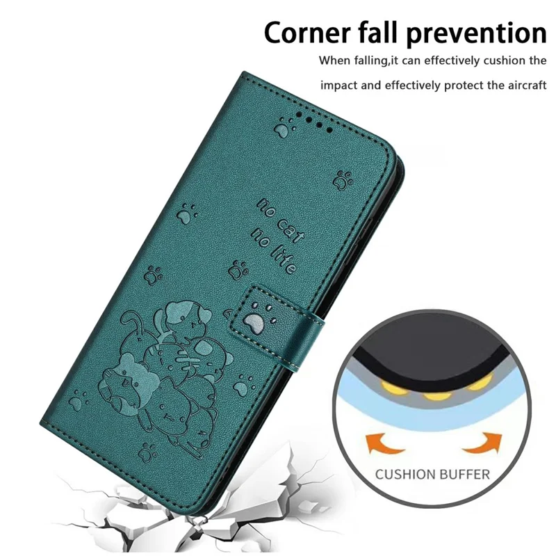 For Sony Xperia 10 VII Wallet Case Cats Imprint Leather Phone Cover with Strap - Dark Green