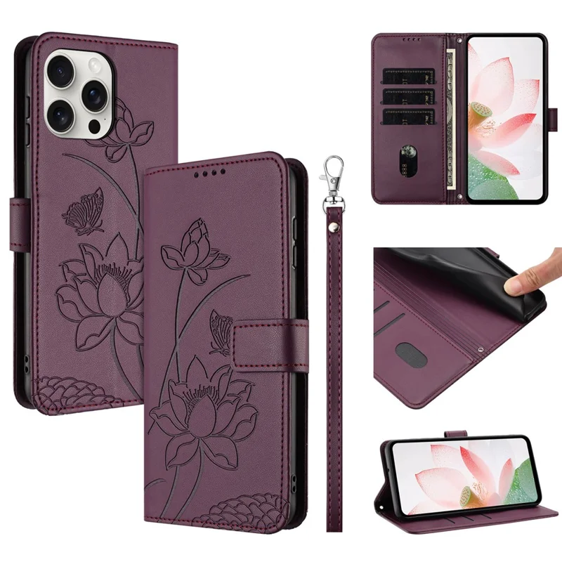 For iPhone 16 Pro Max Case Wallet Stand Lotus Imprint Leather Phone Cover with Wrist Strap - Wine Red