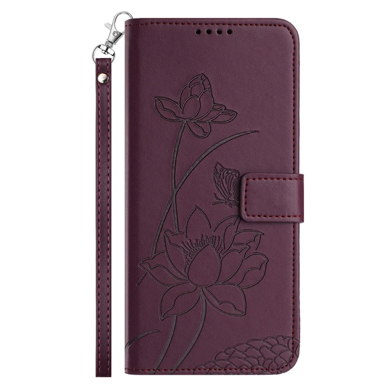 For iPhone 16 Pro Max Case Wallet Stand Lotus Imprint Leather Phone Cover with Wrist Strap - Wine Red