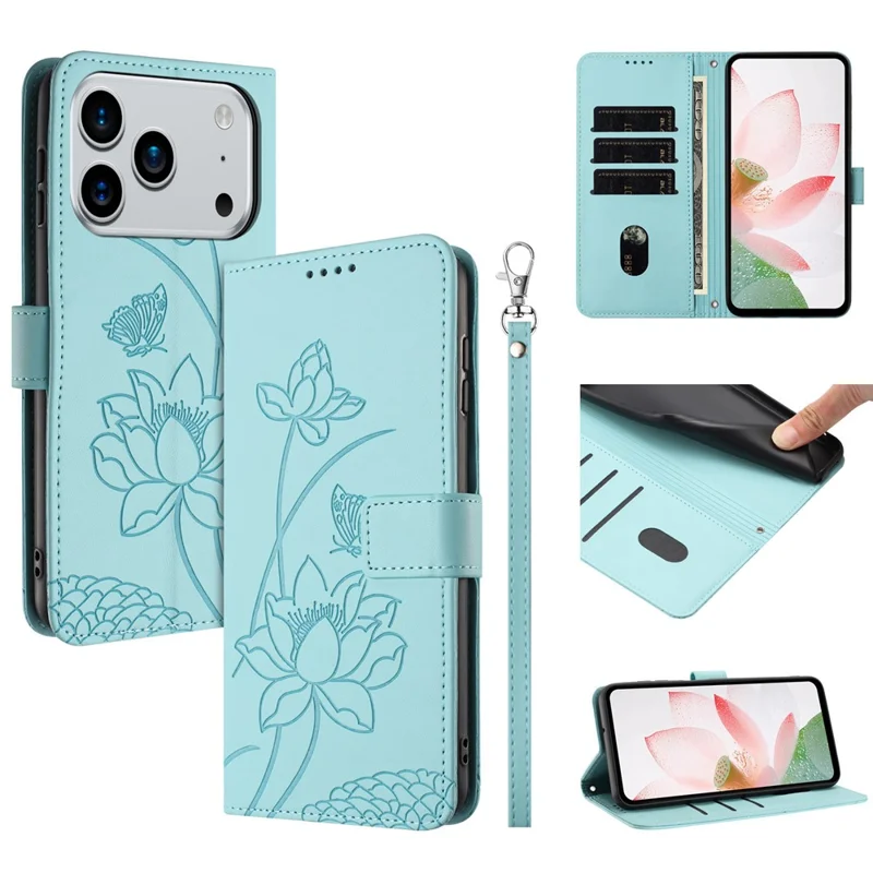 For iPhone 18 Pro / 17 Pro Case Wallet Stand Lotus Imprint Leather Phone Cover with Wrist Strap - Green
