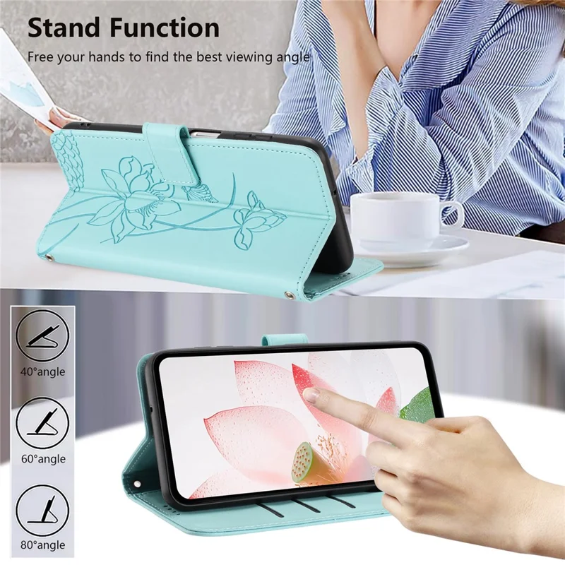 For iPhone 18 Pro / 17 Pro Case Wallet Stand Lotus Imprint Leather Phone Cover with Wrist Strap - Green