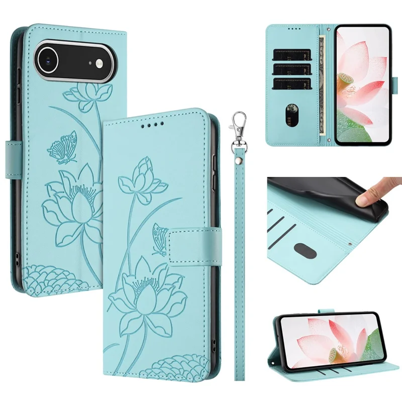 For iPhone Air Case Wallet Stand Lotus Imprint Leather Phone Cover with Wrist Strap - Green