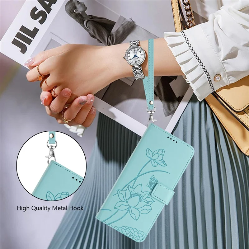 For iPhone Air Case Wallet Stand Lotus Imprint Leather Phone Cover with Wrist Strap - Green