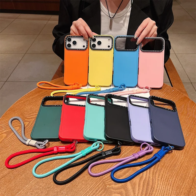 For iPhone 17 Pro Case Black Lens Frame Shockproof TPU PC Phone Back Cover with Wrist Strap - Red