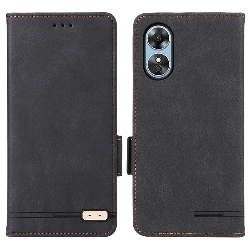 غطاء جلد PU قابل للطي مع حامل لهاتف Oppo A17 4G، بديكور معدني، مع إغلاق مغناطيسي مزدوج، غطاء واقي بمحفظة - أسود