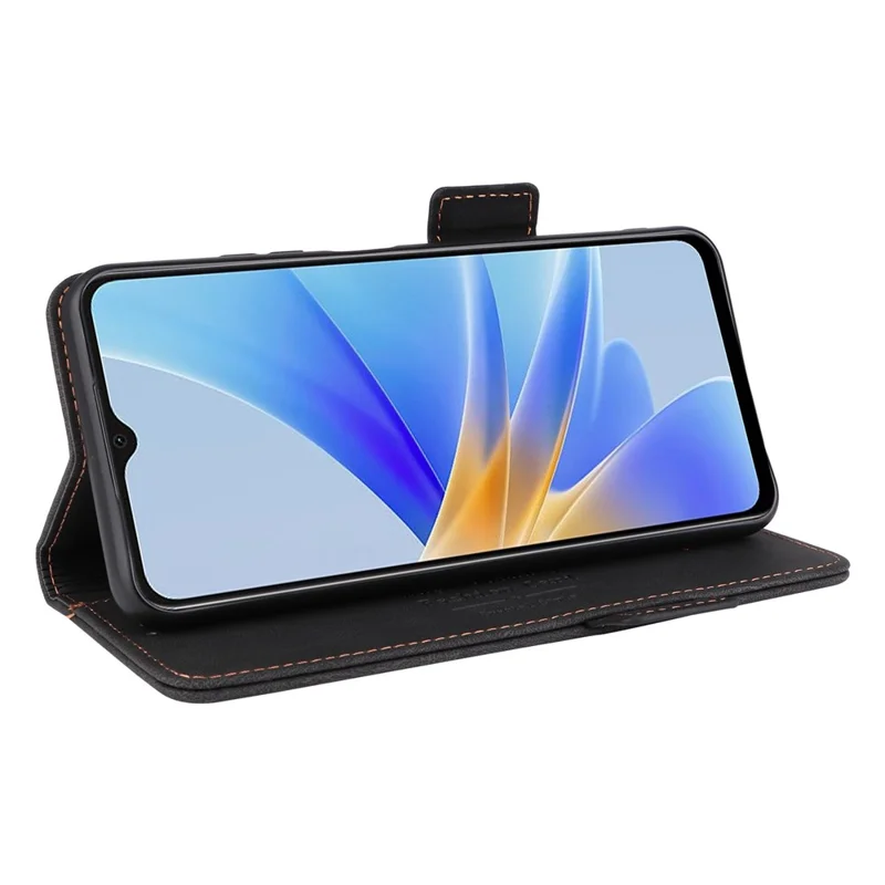 غطاء جلد PU قابل للطي مع حامل لهاتف Oppo A17 4G، بديكور معدني، مع إغلاق مغناطيسي مزدوج، غطاء واقي بمحفظة - أسود